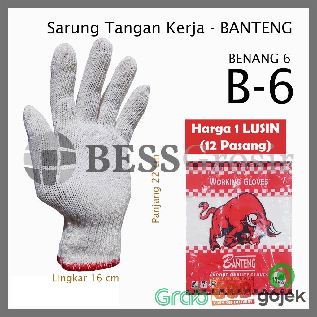 [LUSIN] Sarung Tangan Kerja Benang 6 BANTENG Rajut Safety Gloves Putih W874 B6