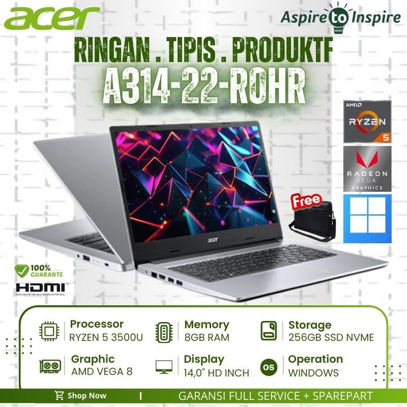 ACER Aspire 3 Slim A314-22-R0HR - AMD Ryzen 5 Ram 8GB Ssd 256GB 14.0" AMD Vega 8 Win11 Silver