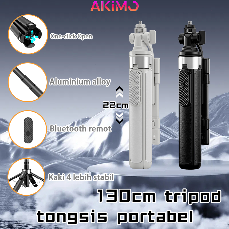 AKIMO Tripod aluminium 4 kaki 130cm dengan remote control Bluetooth & tongkat selfie, mudah dibawa d