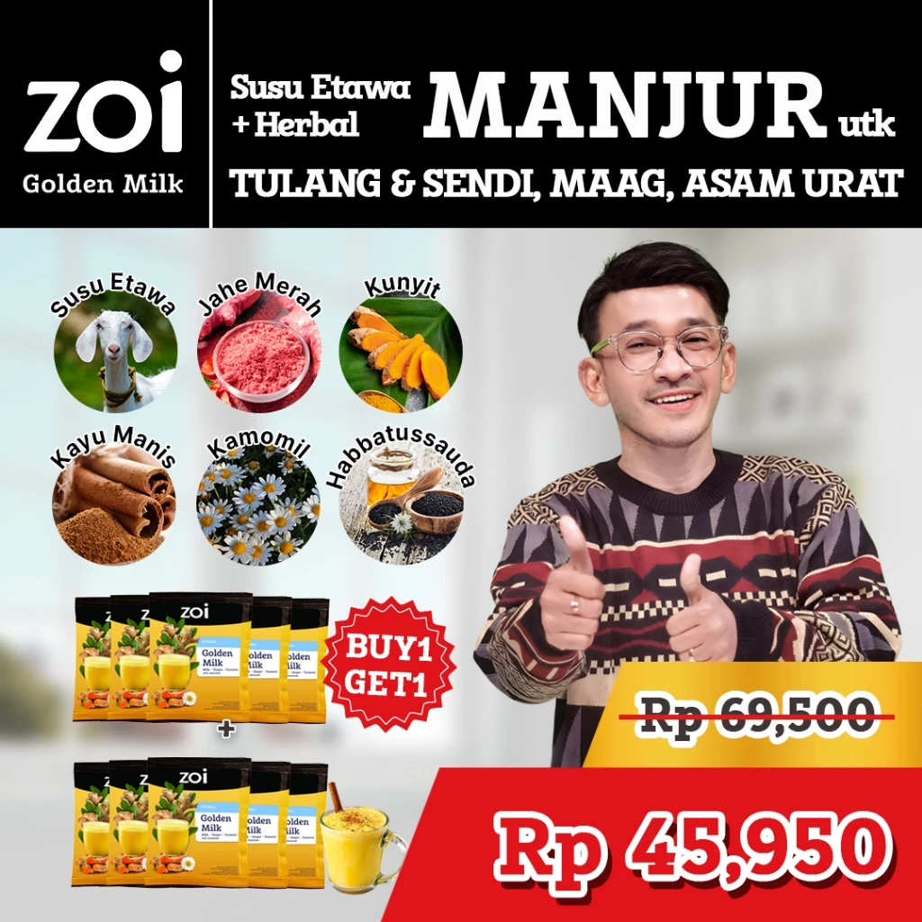 

Beli 5 Gratis 5 Sachet ZOI Golden Milk - Susu Herbal Susu Sehat Susu Kambing, Jahe dan Kunyit tulang & sendi merah megar Habbatuussauda