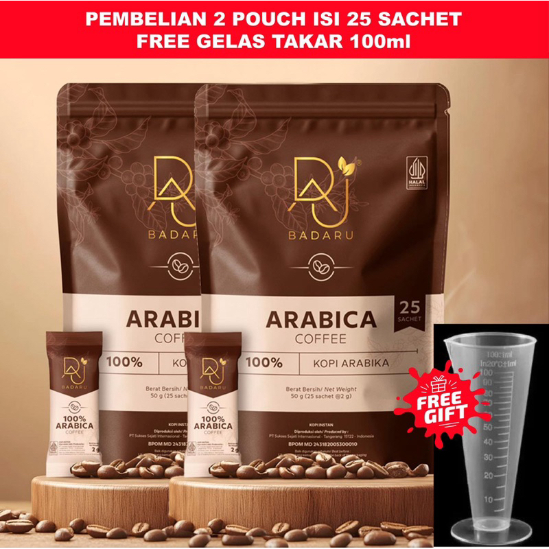 

FREE GELAS UKUR, KOPI BADARU 2pouch (25sachet/pouch), espresso instant tanpa ampas 100% kopi arabika Coffee