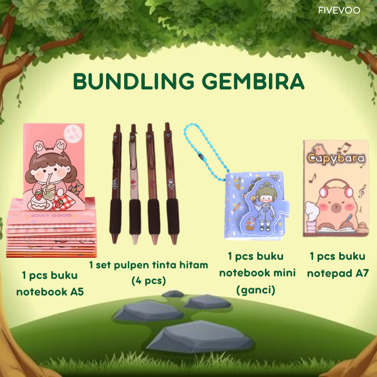 

FIVEVOO Combo Set 6-1 Buku Notebook A5 + 1 Buku Notebook Mini + 1 Buku Notepad A7 + 1 Set Pen Tinta Hitam (4 Pcs) / Bundling Peralatan Sekolah