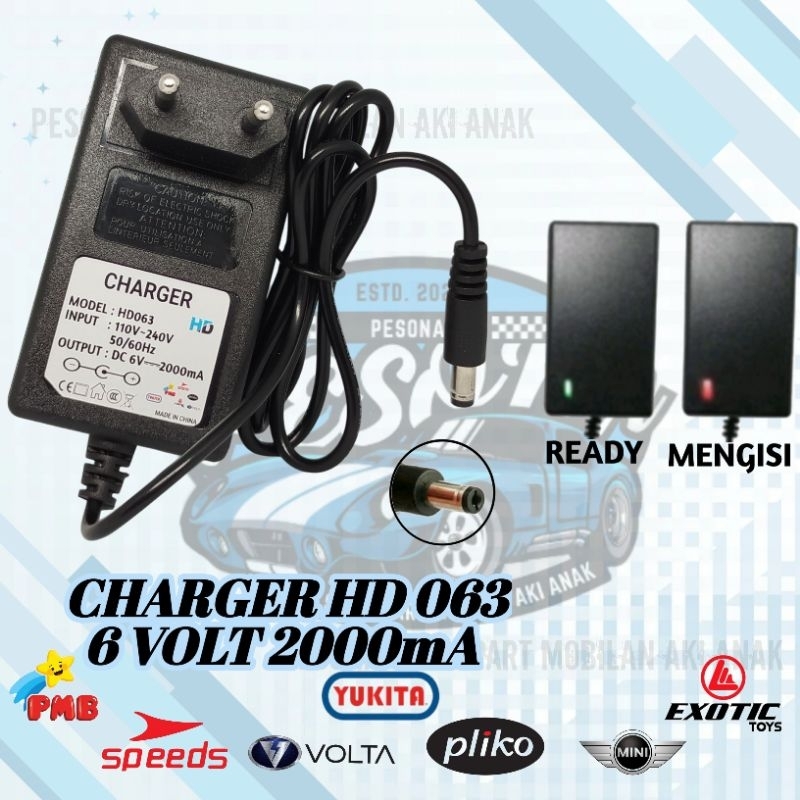 Charger HD 603 6volt 2 ampere motor motoran aki anak mobil mobilan aki anak Pliko pmb Volta yukita s