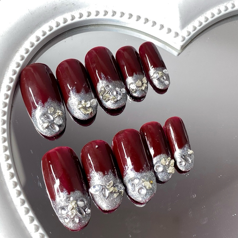 French 3D Charm Maroon fake nails / press on nails / kuku palsu ready stock murah