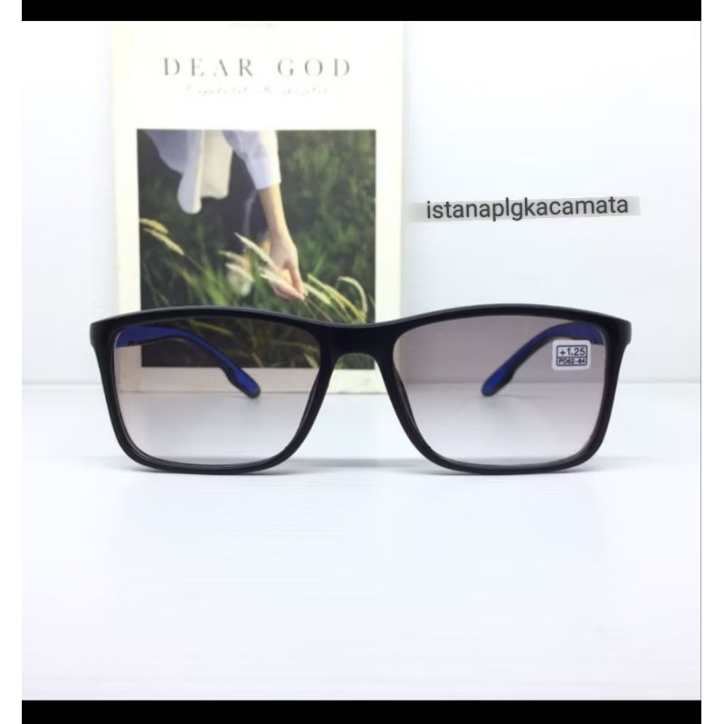 KACAMATA 2 FUNGSI BACA DAN JALAN + RABUN DEKAt & RABUN JAUH LENSA WARNA HITAM GRADASI  50%