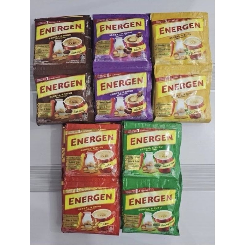 

energen KACANG HIJAU * VANILLA * COKLAT *JAHE * KURMA rata-rata 1 renceng 10 sachet