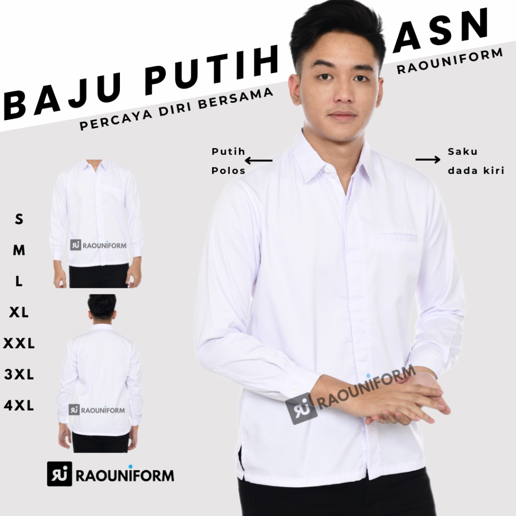 Baju seragam putih/Seragam kerja kantor/Atasan pria lengan panjang/Baju putih ASN/Seragam kerja Pria
