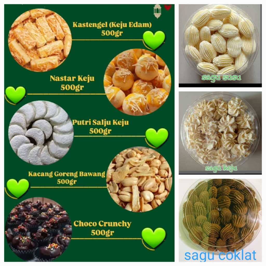 

PO 4 Hari - Kue Lebaran / Kastengel / Nastar Keju / Putri Salju Keju / Kacang Goreng Bawang / Choco Crunchy / Sagu Susu / Sagu Keju / Sagu Cokelat / Pai Brownis Mini