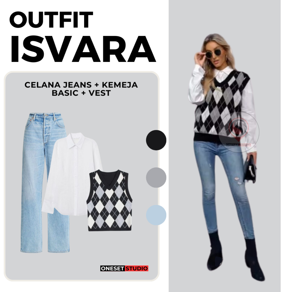Outfit Old Money Wanita (Kemeja Basic, Vest Rajut, Celana Jeans) One Set Korean Style ISVARA