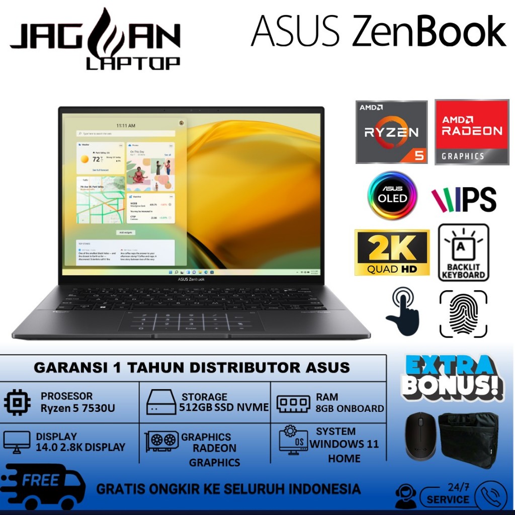 LAPTOP ASUS ZENBOOK 14 UM3402YA AMD RYZEN 5 7530U DDR5 16GB 1TB 2.8K OLED TOUCHSCREEN 90HZ BACKLIGHT