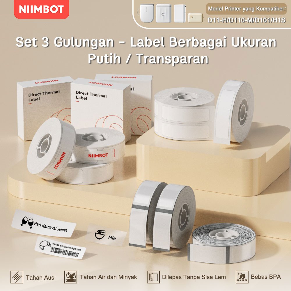 

【Paket 3 Gulungan】NIIMBOT D11/D110/D101 Stiker Label Putih/Transparan, Stiker Label Nama dan Harga