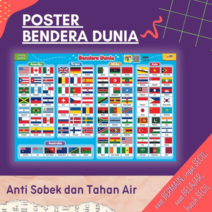 Poster Edukasi anak SD wipe and clean Bendera Negara Dunia premium