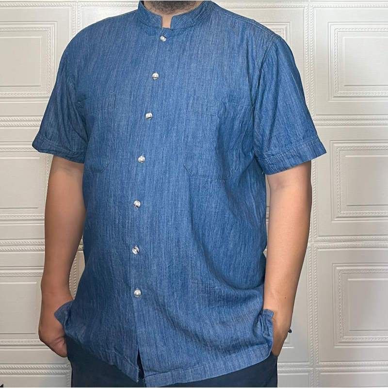 Kemeja Koko Biru Denim dan Linen Elegant Casual