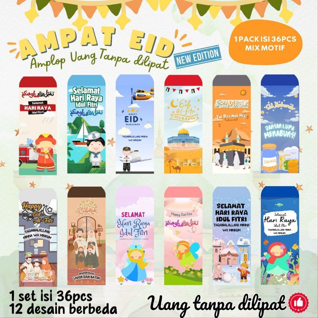 

AMPLOP LEBARAN LUCU HARI RAYA TANPA LIPAT KARAKTER MUSLIM AMPLOP UANG ISI 10PCS 20PCS DAN 36PCS
