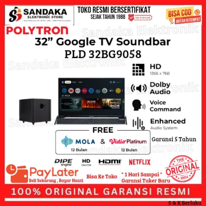 led Polytron 32" Android sound bar pld 32bg9058 led tv 32 inch garansi resmi promo