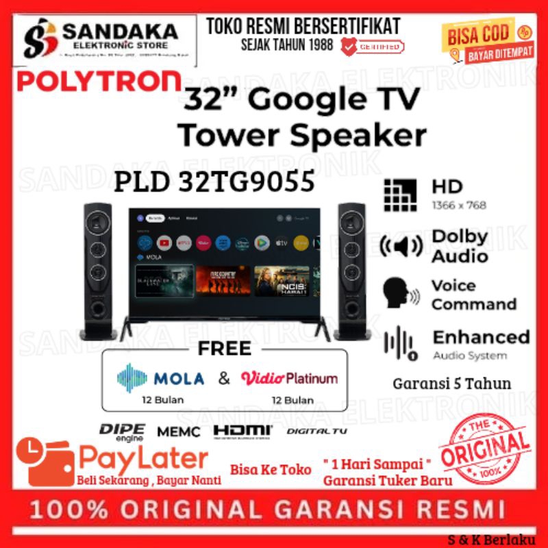 led Polytron 32" gogle tv speaker tower pld 32TG9055 led tv 32 inch garansi resmi promo