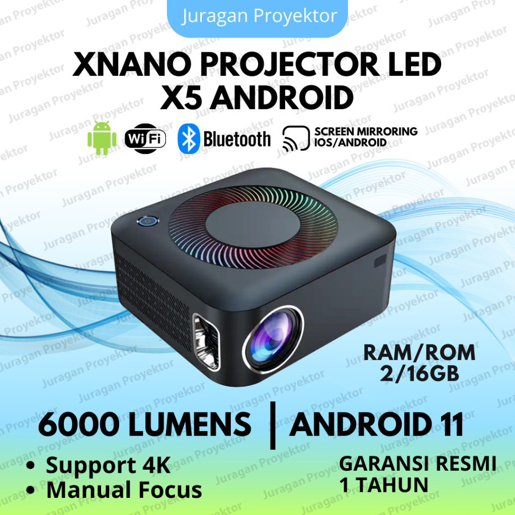 Smart Projector LED Xnano X5 Android Wifi 6000 Lumens Proyektor Screen Mirroring Full HD 1080P 4K