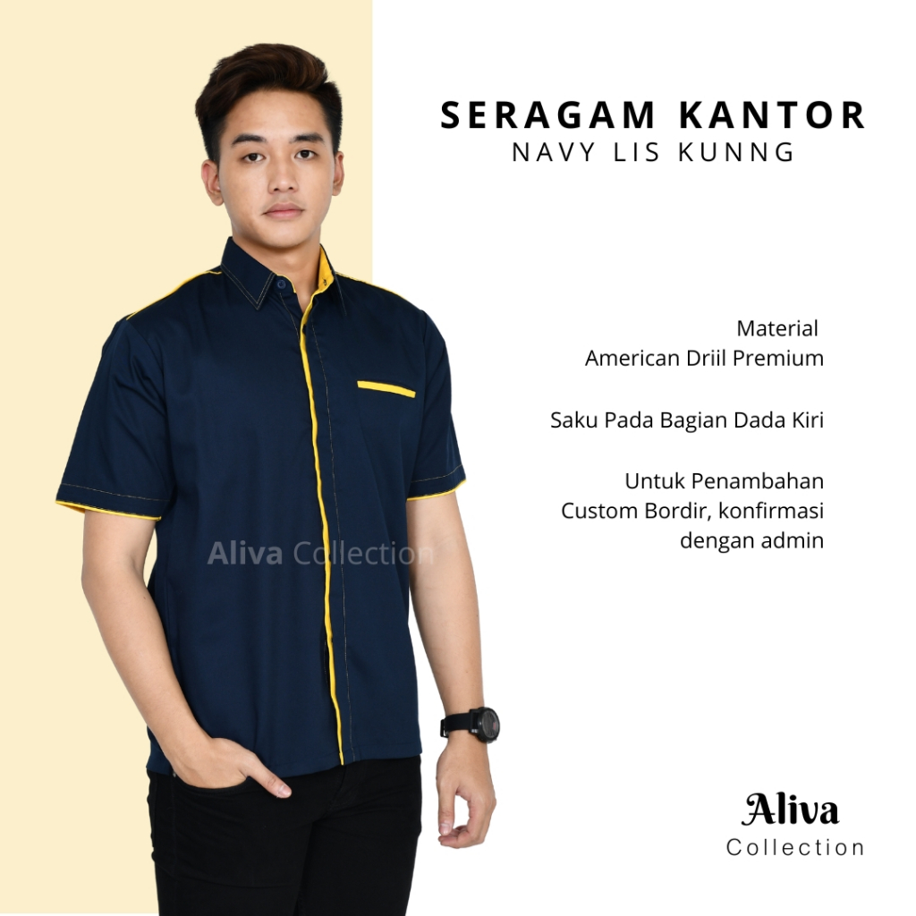 Seragam Kerja Pria Wanita Baju Karyawan Navy Lis KuningTangan Panjang Pendek