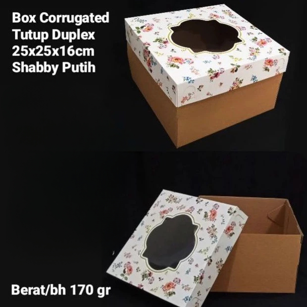 

Box Corrugated Tutup Duplex Shabby Putih Dus Kue Makanan 25x25x16cm