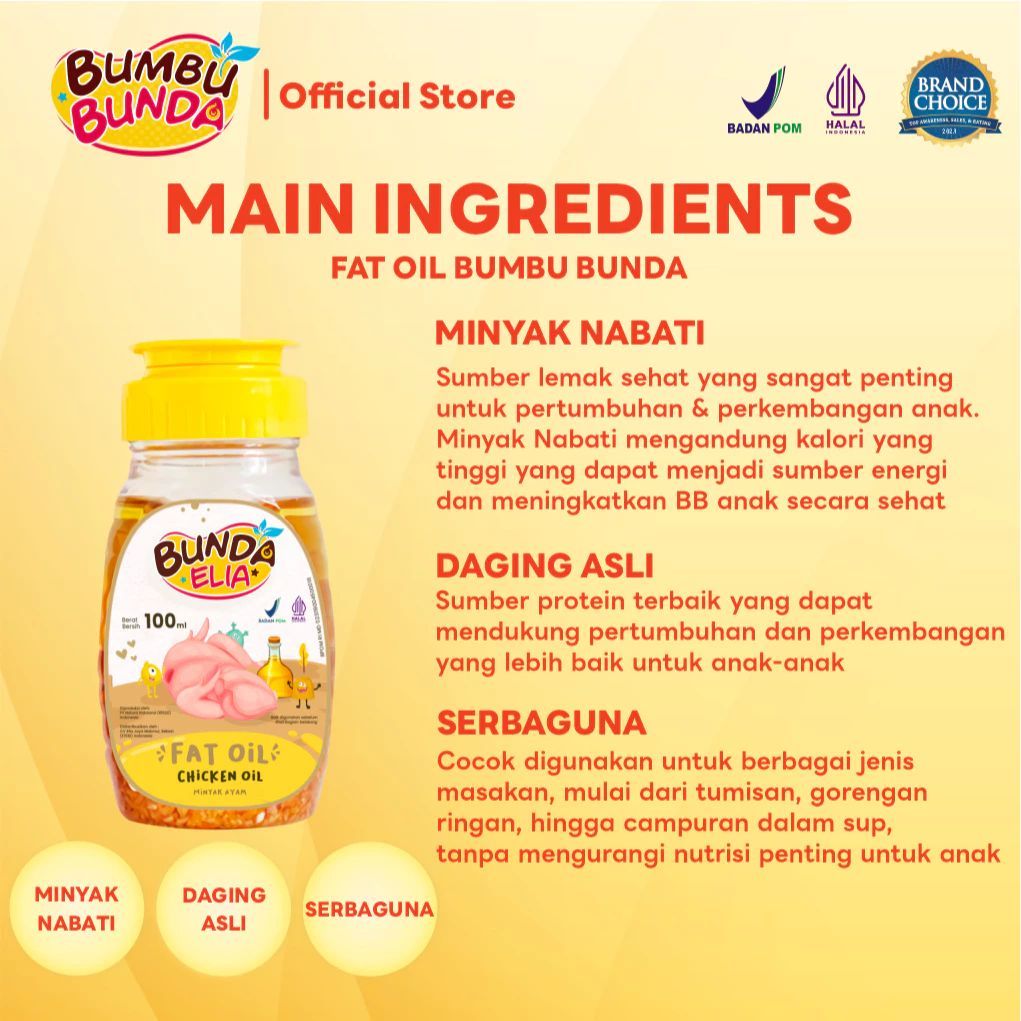 

BBE01 BUMBU BUNDA ELIA CHICKEN FAT OIL / BEEF FAT OIL / SALMON FAT OIL 100ml / MINYAK MPASI / BB BOOSTER MPASI / PENAMBAH BERAT BADAN