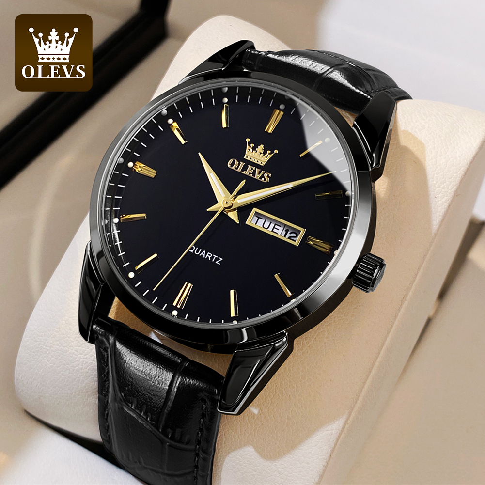 Jam Tangan Pria OLEVS 6898 Tali Kulit Kalender Luminous Quartz