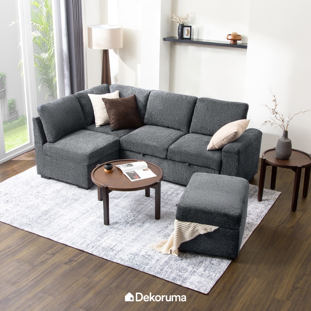 Dekoruma TOMIO Sofa Bed Sleeper L Kain dengan Penyimpanan - Abu-abu Tua