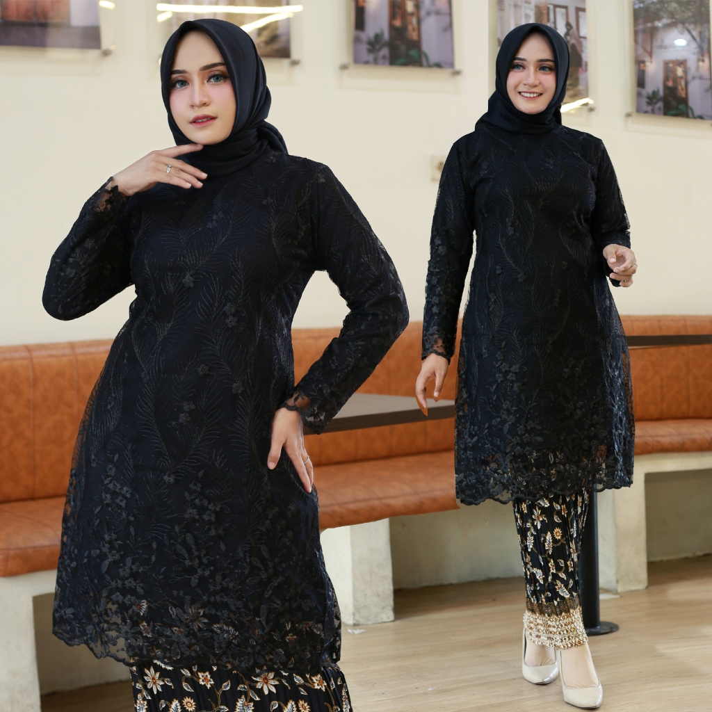 Hitam I Atasan & Setelan 𝗧𝘂𝗻𝗶𝗸 𝗧𝗶𝗹𝗹𝗲 Atasan Brukat Kebaya Modern / Baju Kurung / Kebaya Wisuda / Baj