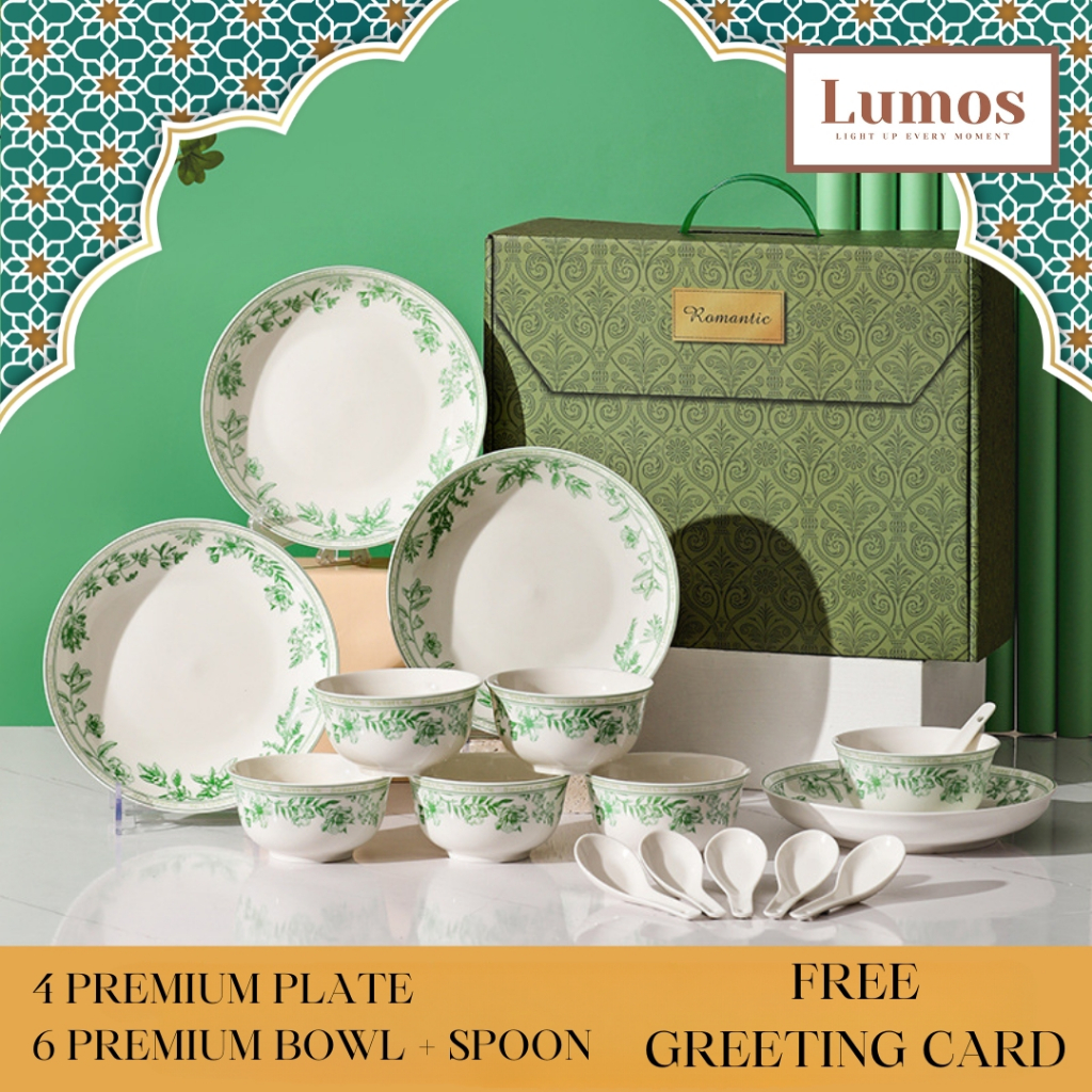 Hampers Piring Mangkok Keramik Premium Hadiah Mangkuk Souvenir Pernikahan Kado Motif Hijau