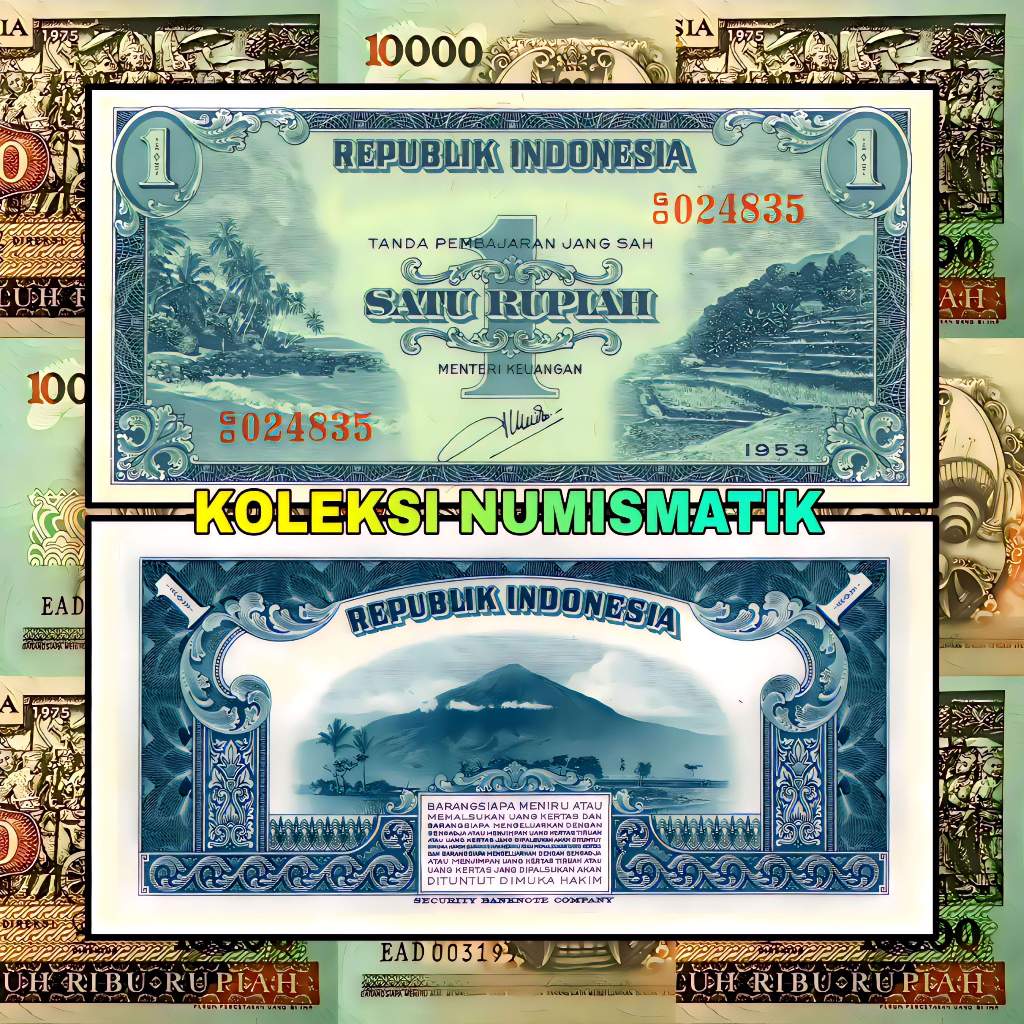SOUVENIR UANG KERTAS KUNO INDONESIA 1 RUPIAH PEMANDANGAN ALAM 1953