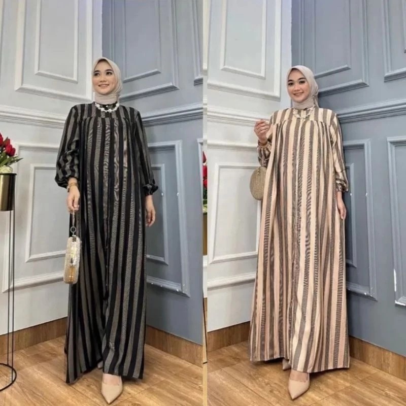 NEW Gamis Salur Viral RAMADHAN 2025 Kekinian Rayon Armor Premium Terbaru Midi Dress Lurik Wanita Kek