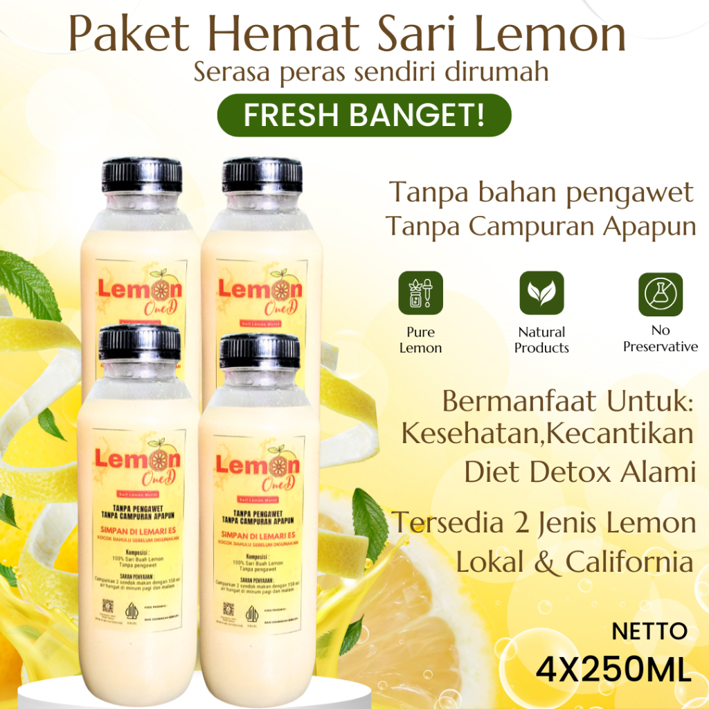 

YOU PAKET 4 BOTOL Sari Lemon 250ML Murni Alami 100% Tanpa Campuran Untuk Detoks Alami