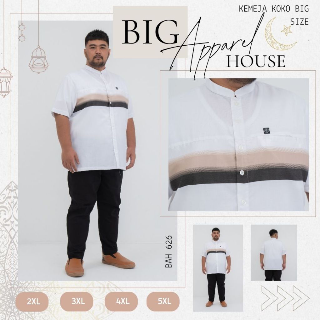 Kemeja Koko Jumbo Big Size Pria Laki Cowok Lengan Pendek Linen OffWhite Garis Retro 3 Tone - BAH 626