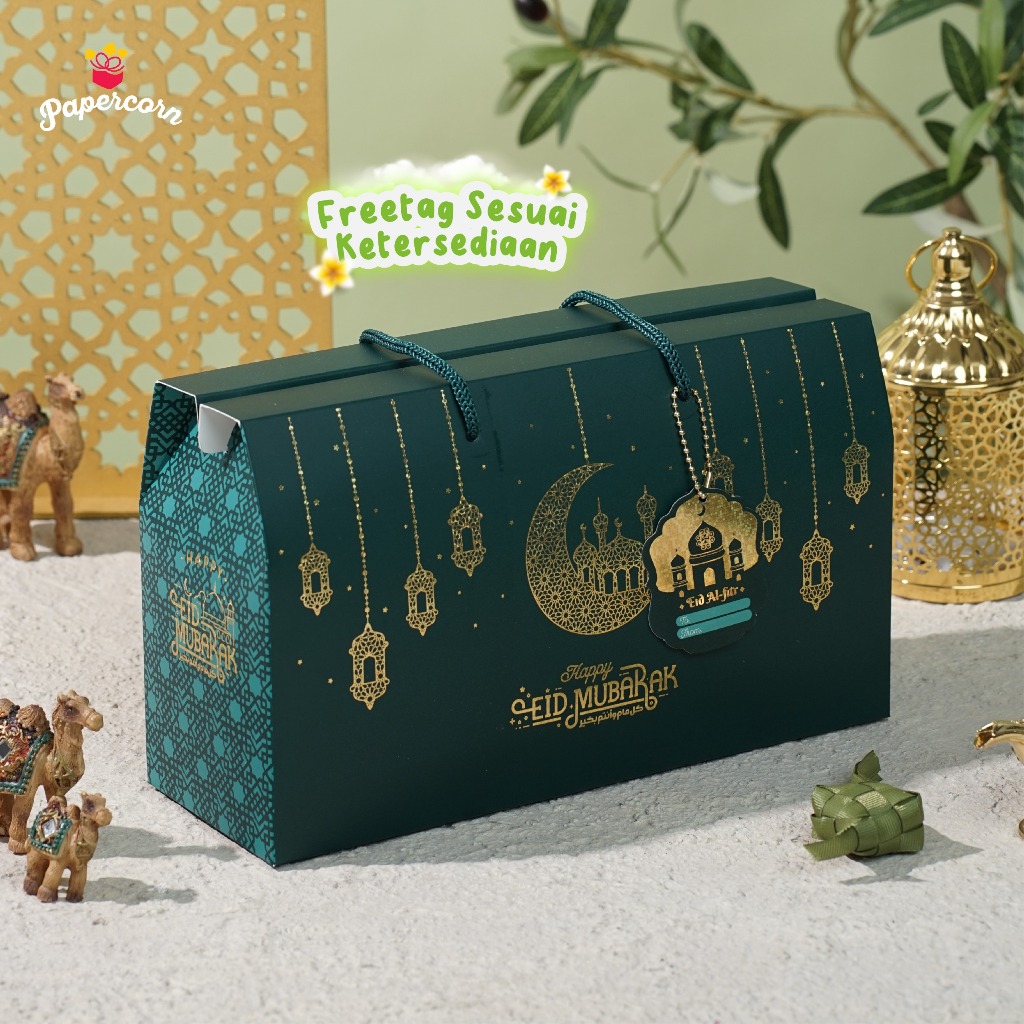 

10 Pcs Gable Box Hampers Idul Fitri Muat 3 Toples Jar 500-800 ml Hijau Tua Poly Gold uk 28x10x11 cm (tinggi total 16cm)
