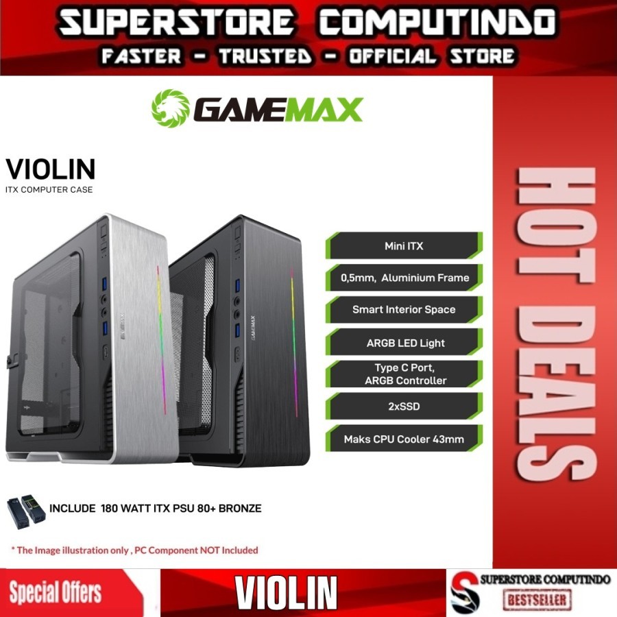 Casing GameMax Violin Ultra Slim Mini-ITX Gaming PC Case With LED Rainbow