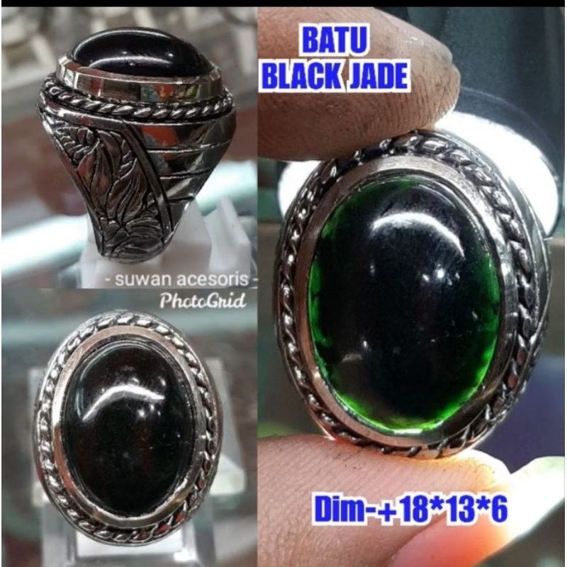 Batu cincin giok black jade asli natural akik khasiat ring perak bali