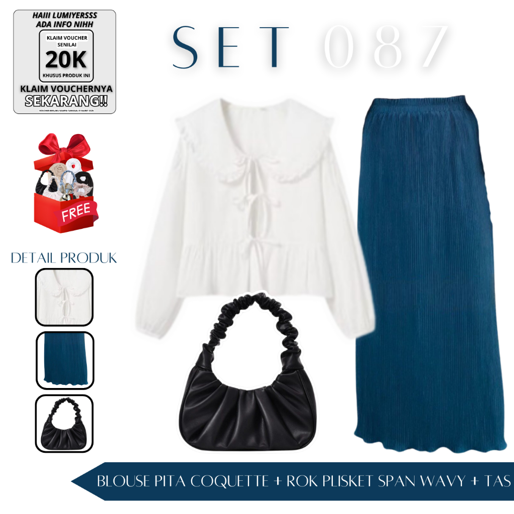 SIMPLE & CHIC 3 IN 1 Set (Blouse Pita Coquette + Rok Plisket Span Wavy + Tas) | LU - 087
