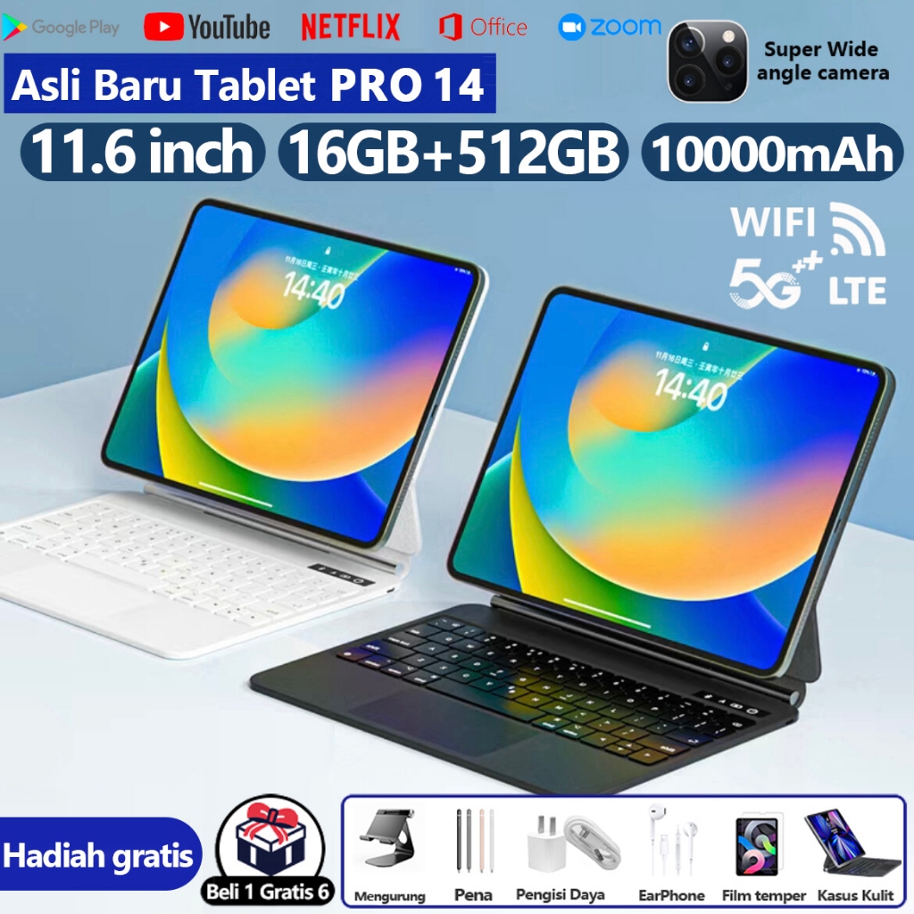 Baru Asli Tablet Android Pro 14 Pad 11.6 inci HD 5G 90Hz Tablet PC 16/512GB Cuci Gudang Promo trade 