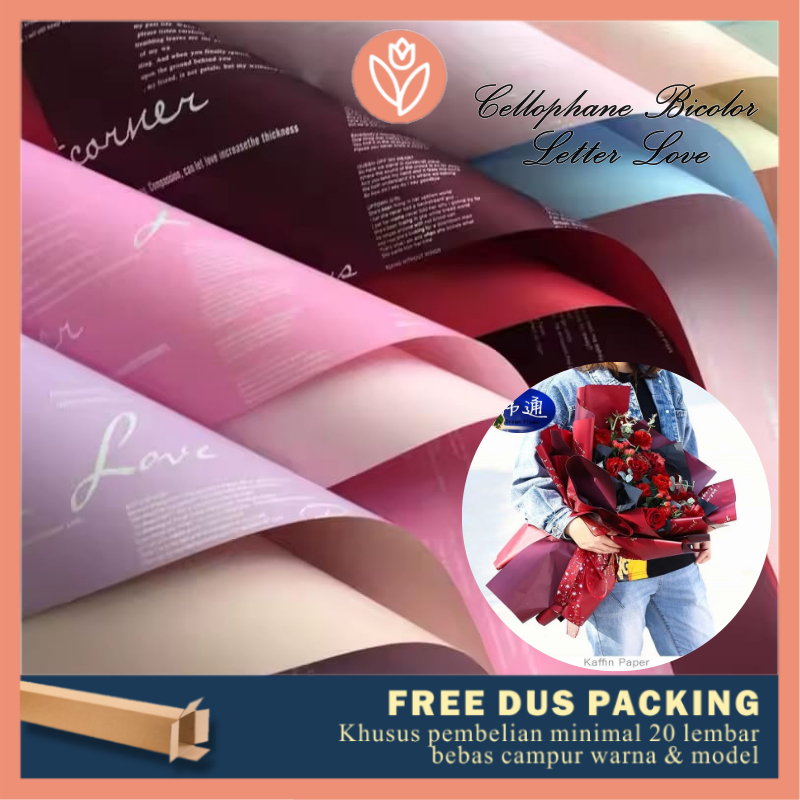 

TULIP PAPERIE ❤ FLOWER WRAPPING CELLOPHANE PAPER BICOLOR LETTER LOVE DUA WARNA KOREAN KERTAS BUKET BUNGA