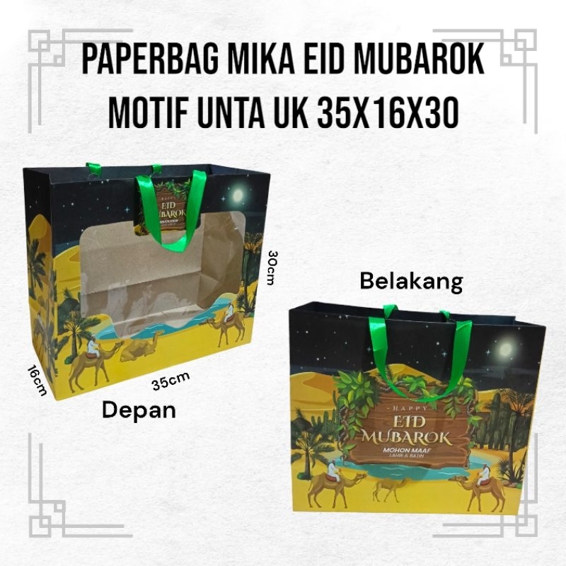 

Paperbag mika edisi idul Fitri motif unta uk 35x16x30 - Bingkisan,parcel, sembako dll.