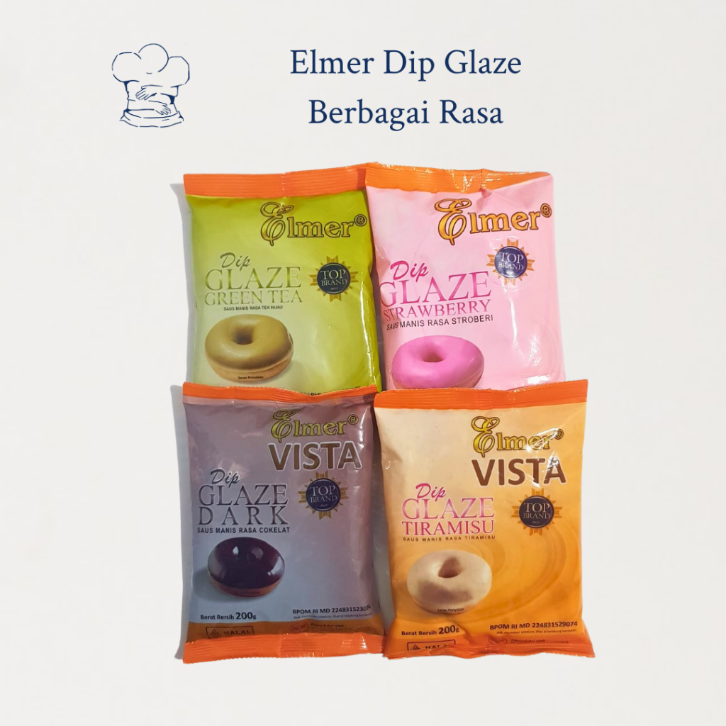 

Elmer Dip Glaze Strawberry, Dark, Green Tea, Tiramisu (200gr) - Glaze Premium untuk Donat