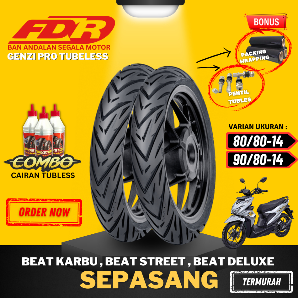 [COMBO SEPASANG] BAN FDR TUBLES RING 14 GENZI PRO TUBELESS ( 80/80-14 / 90/80-14 ) / BAN MOTOR MATIC