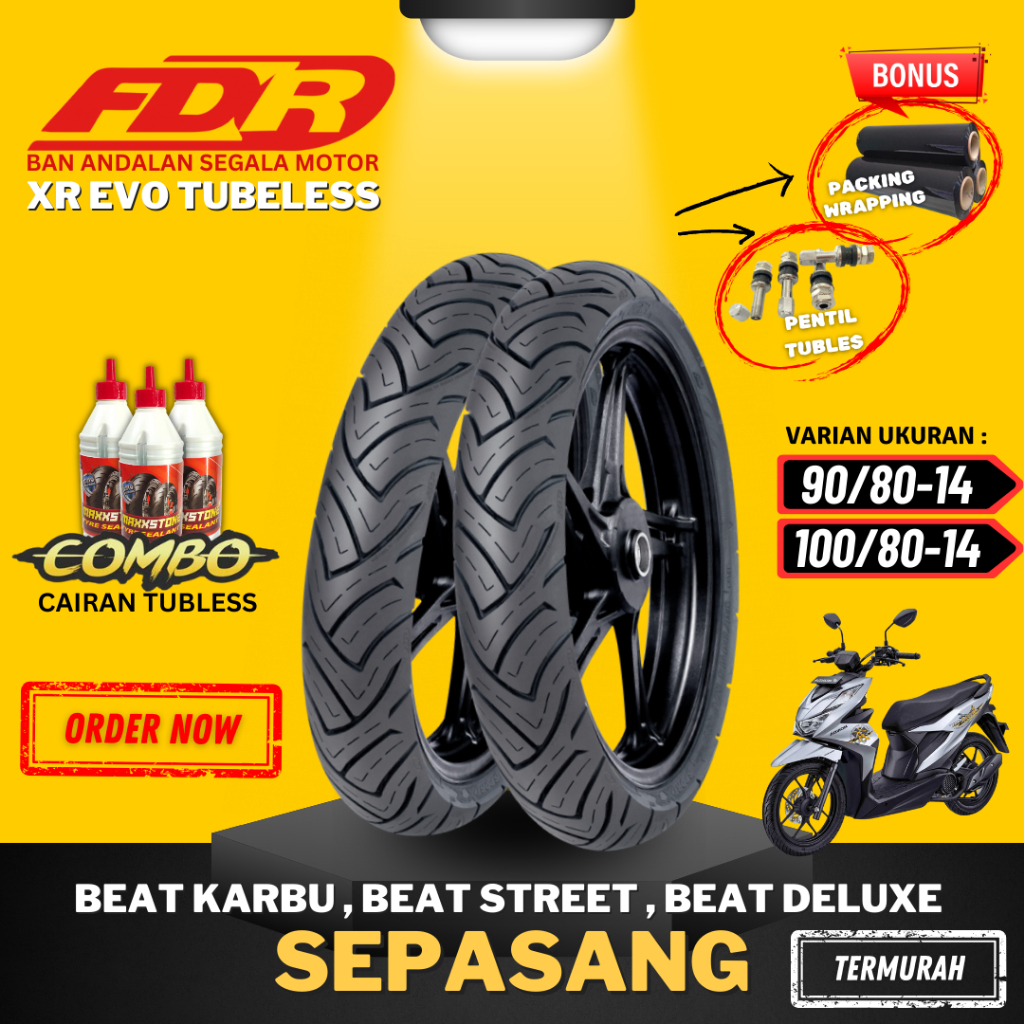 [PAKET SEPASANG MURAH] BAN FDR SPORT XR EVO RING 14 / ( 90/80-14 & 100/80-14 ) BAN FDR TUBELESS TUBL