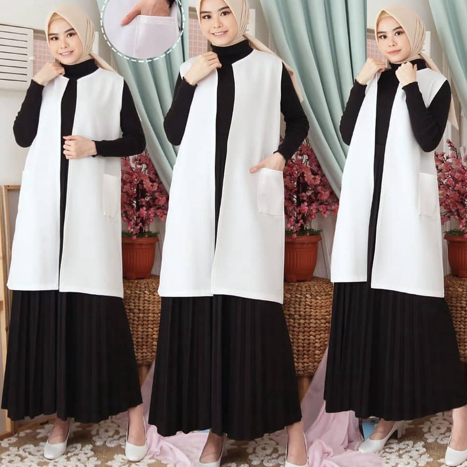 KI3 Long cardan tanpa lengan premium outer wanita kekanwarna hitam putih polos  bisa COD