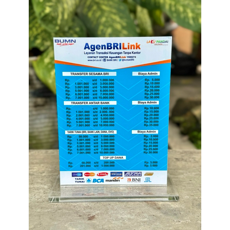 

BAHAN TEBAL AKRILIK MEJA AGEN BANK BRI BRILINK UKURAN 15x20cm BISA CUSTOM ADMIN