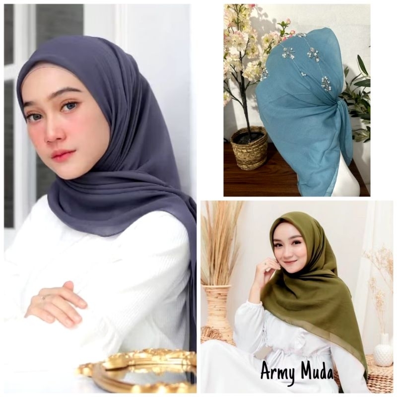 jilbab hijab segi empat polos manik mote putih hijau biru abu