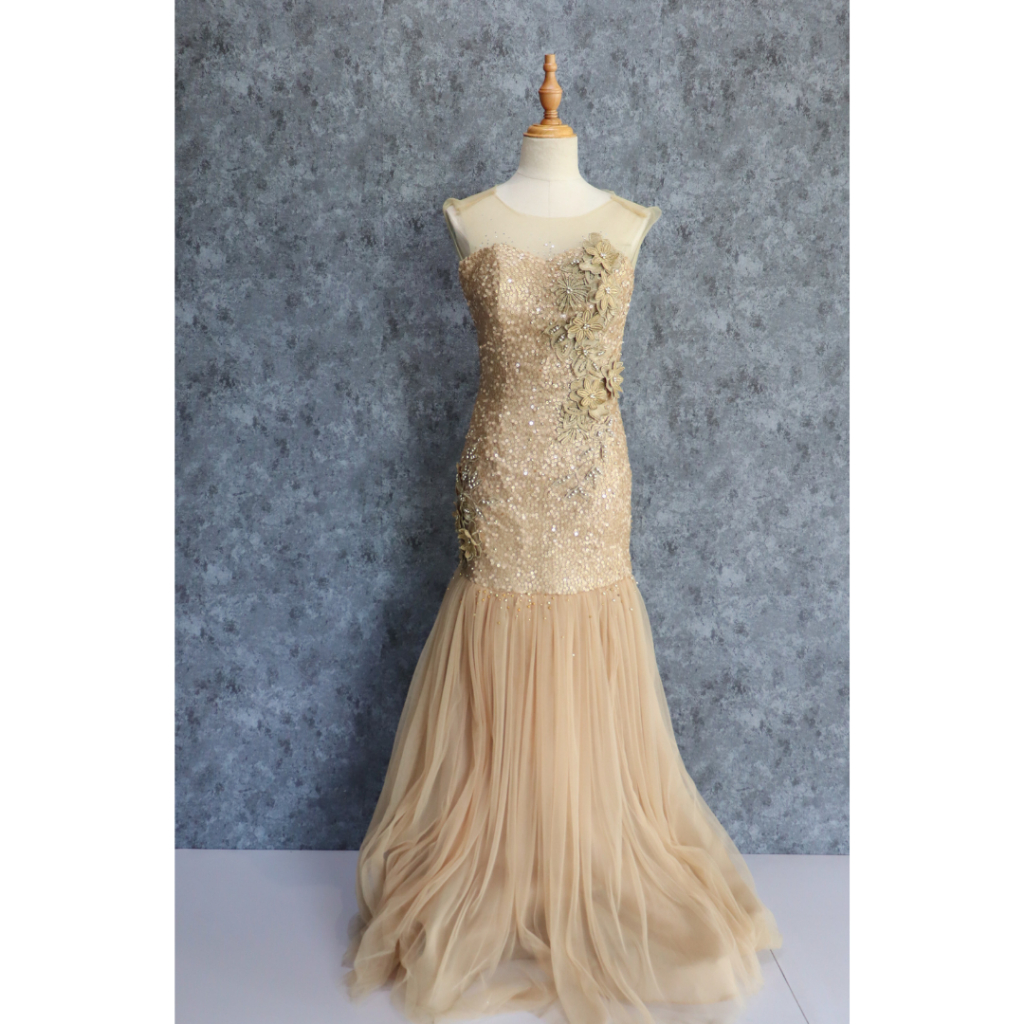 Gold Sequin Mermaid Dress with Tulle Gaun Pesta atau Prewedding Mewah Preloved Second B