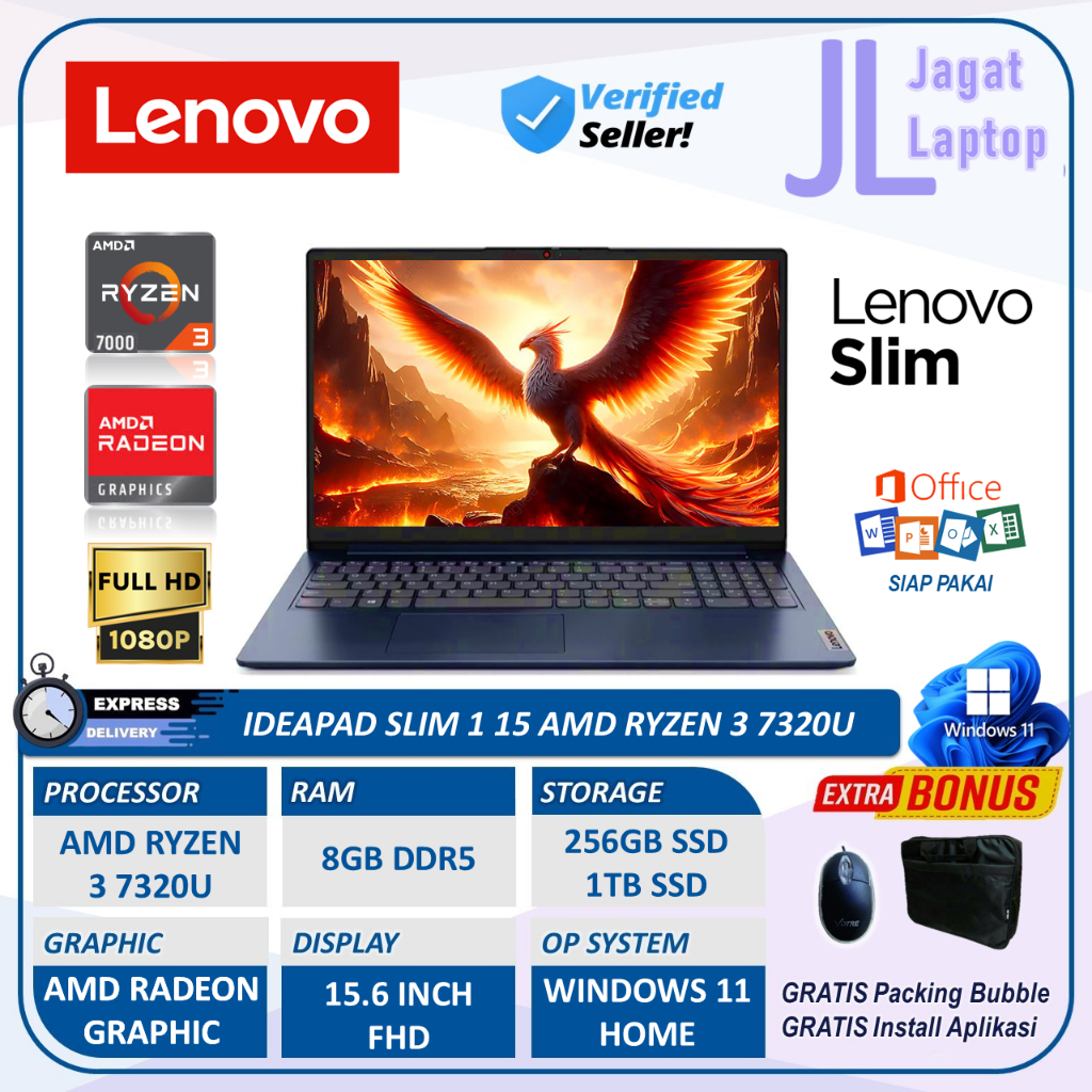 Laptop Murah Slim Lenovo IdeaPad Slim 1 15 Ryzen 3 7320U 8GB DDR5 1TB Nvme