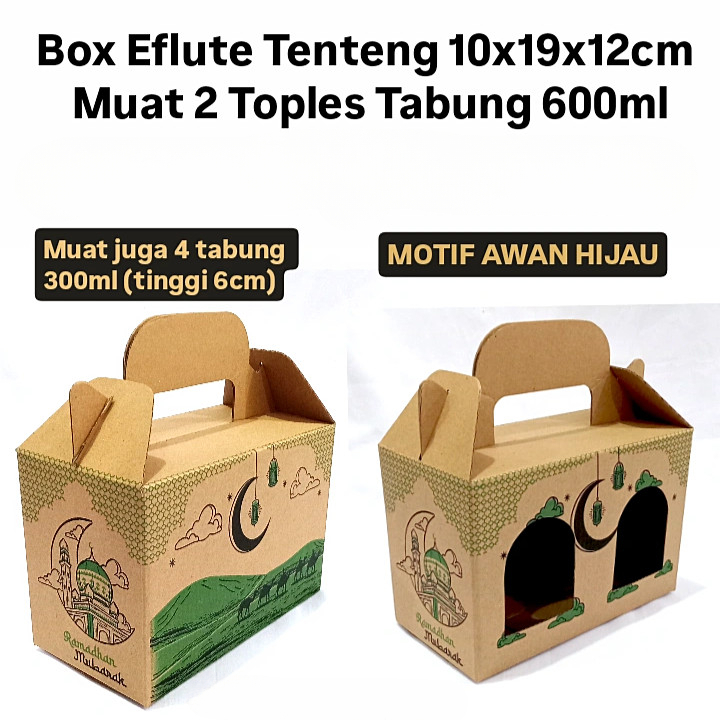 

Kardus Parsel Bingkisan Lebaran Box Tenteng Eflute Awan Hijau 5 Pcs 10x19x12 cm Isi 2 Toples Jar 600ML
