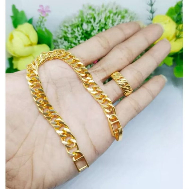 Set Perhiasan Titanium Gelang Tangan dan Cincin Rantai Titanium Lapis Emas 24k