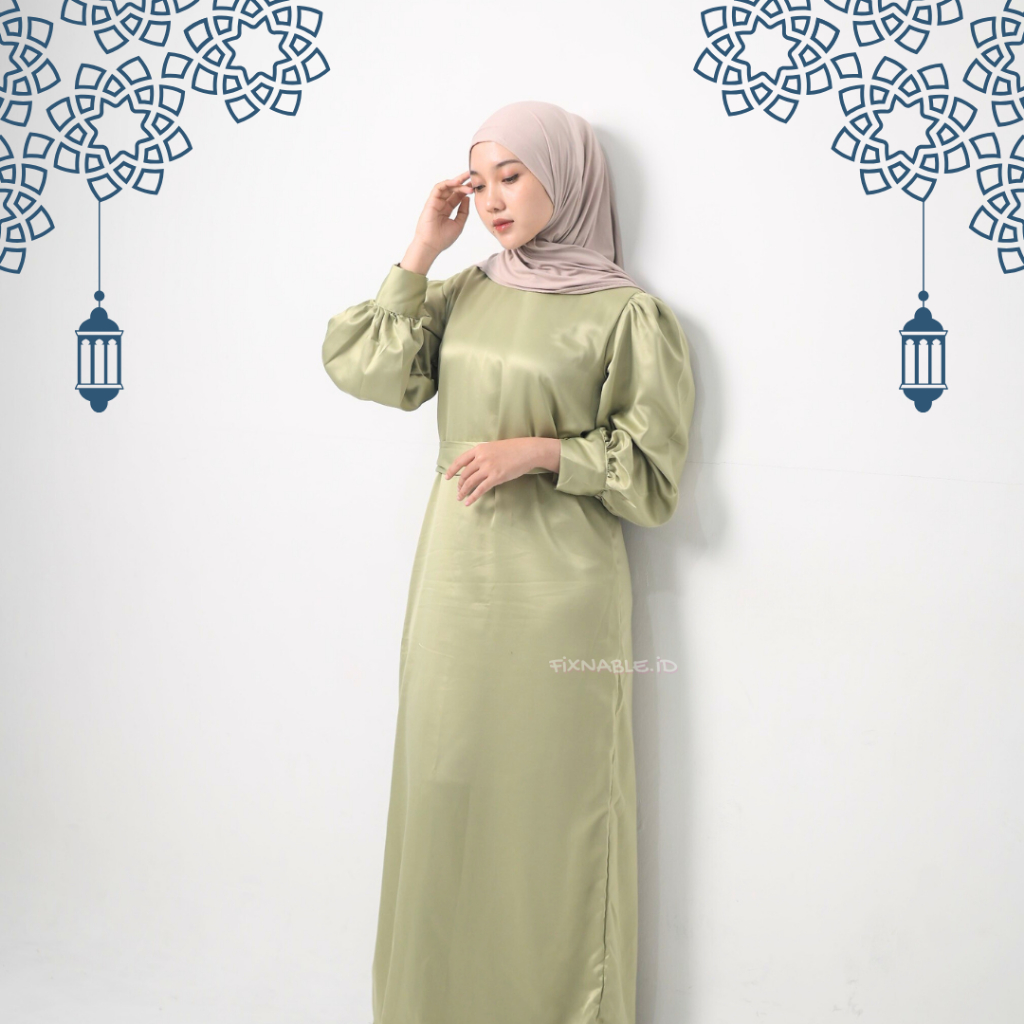 (DISKON) GAMIS LEBARAN DRESS SATIN PREMIUM SAGE GREEN